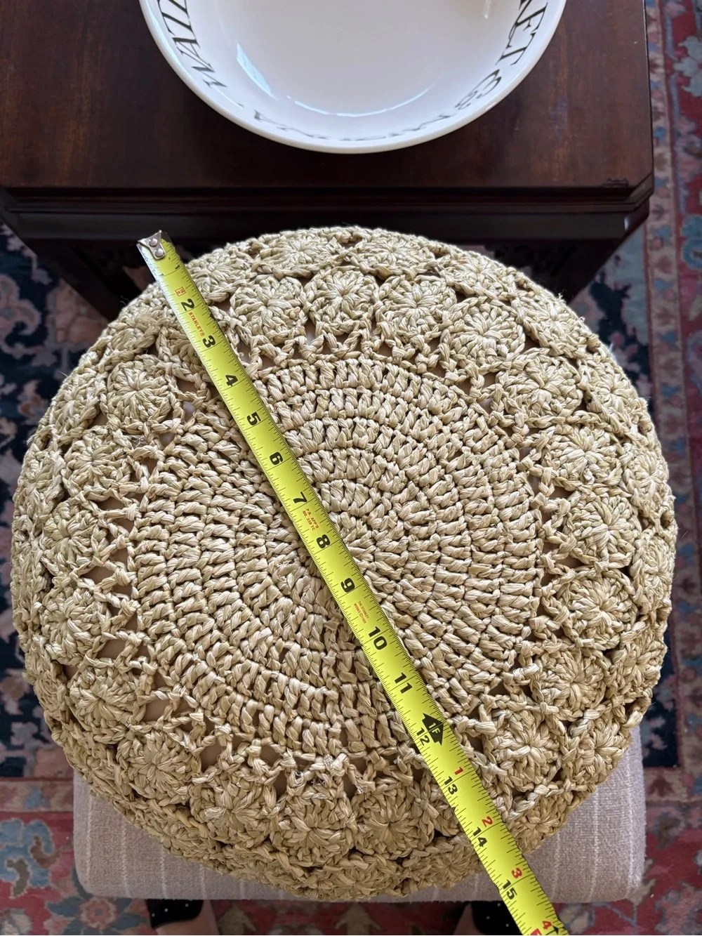 Pottery Barn || Round Crochet Raffia Accent Pillow Beachy Boho Tan Khaki
